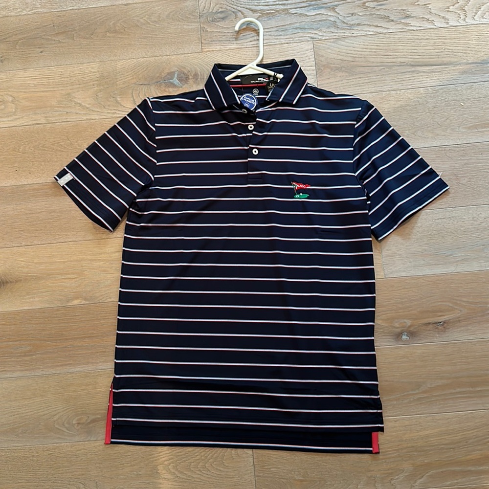 Navy striped men’s small golf shirt! Los Angeles Country Club logo!